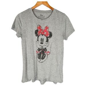 Disney Minnie Mouse T Shirt Knit Top Gray Black Red Graphic
